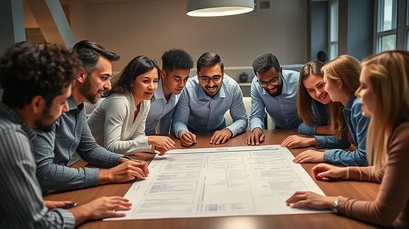 photorealistic, professional photography, 8K, cinematic lighting, sharp focus, depth of field, shot on a high-end DSLR, a diverse group of employees from various departments (marketing, sales, tech, support) collaborating enthusiastically around a large table, looking at a customer journey map. Their expressions are engaged and unified, symbolizing a customer-centric culture.