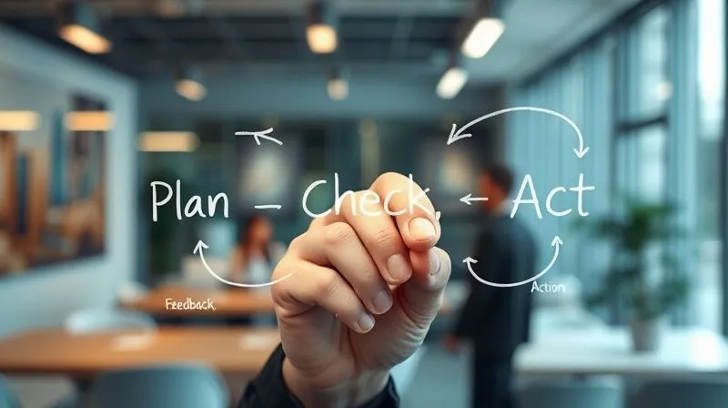 photorealistic, professional photography, 8K, cinematic lighting, sharp focus, depth of field, shot on a high-end DSLR, a hand drawing a continuous loop diagram on a glass whiteboard, illustrating 'Plan, Do, Check, Act' with flowing arrows and interconnected concepts like 'Feedback', 'Analysis', 'Action', 'Monitor'. The background is a modern, collaborative workspace.