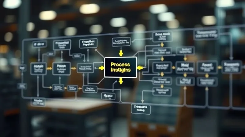 A photorealistic, professional photography image of a detailed and complex process flow diagram for a manufacturing supply chain, featuring interconnected nodes, arrows, and swimlanes, illuminated with cinematic lighting. The diagram clearly shows various stages like procurement, production, inventory, and distribution. Sharp focus on the central flow, depth of field blurring the background, 8K hyper-detailed, shot on a high-end DSLR.