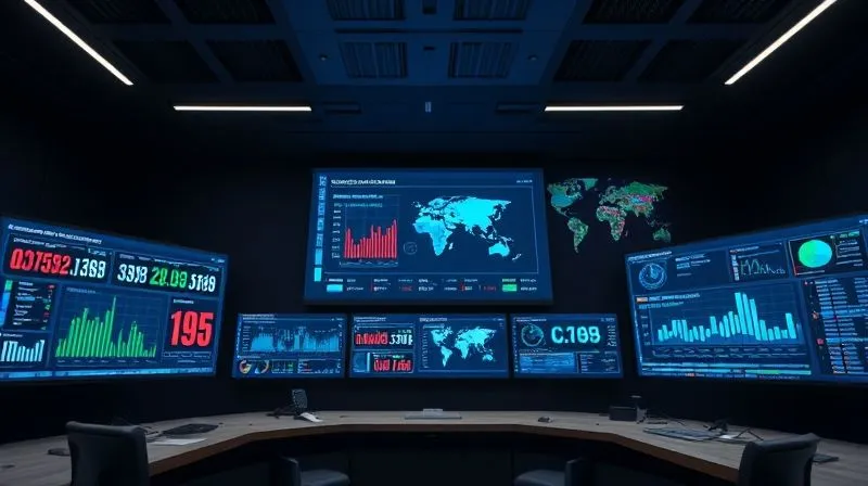 A photorealistic, professional photography image of a sleek, modern control room featuring multiple large screens displaying complex digital supply chain dashboards. The screens show real-time data visualizations of inventory levels, shipping routes, order fulfillment status, and predictive analytics. Cinematic lighting highlights the data, sharp focus on the central screen, depth of field blurring the background, 8K hyper-detailed, shot on a high-end DSLR.
