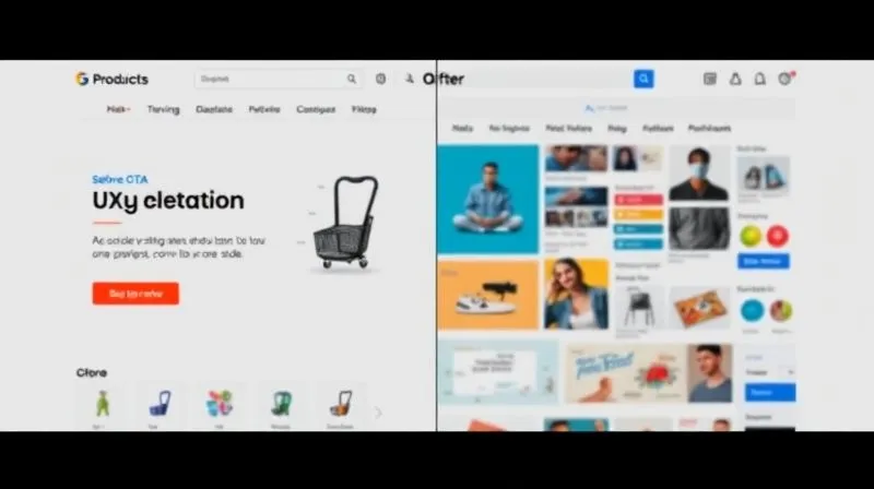 A split screen showing a 'before' and 'after' e-commerce product page, the 'before' side is clean and intuitive with a clear CTA, while the 'after' side is cluttered, has a less visible CTA, and confusing layout, highlighting UX regression, photorealistic, professional photography, 8K, cinematic lighting, sharp focus, depth of field, shot on a high-end DSLR.