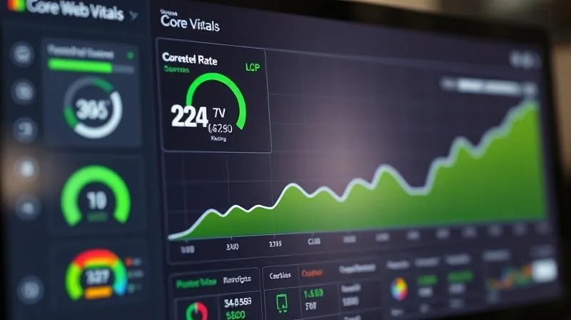 A dashboard displaying healthy Core Web Vitals scores (green indicators for LCP, FID, CLS) alongside a steadily increasing conversion rate graph, symbolizing successful technical optimization and improved user experience, photorealistic, professional photography, 8K, cinematic lighting, sharp focus, depth of field, shot on a high-end DSLR.