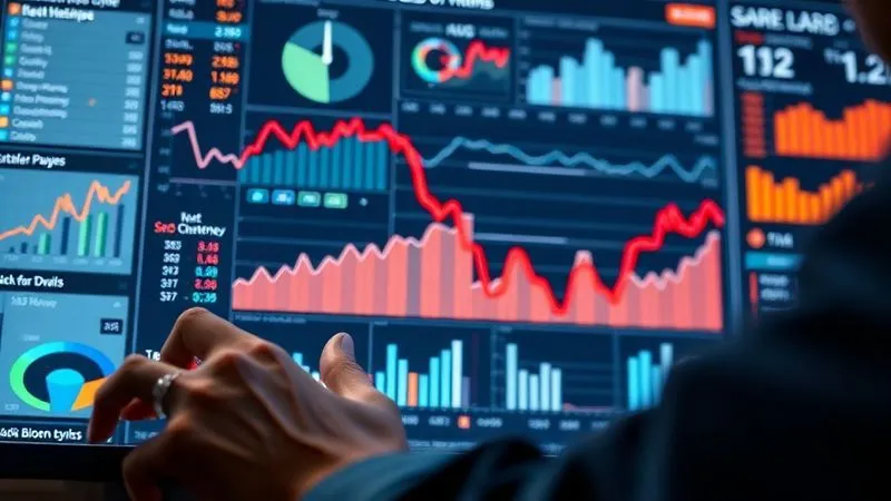 photorealistic, professional photography, 8K, cinematic lighting, sharp focus, depth of field, shot on a high-end DSLR, a person's hands meticulously analyzing a large digital dashboard displaying SEO performance graphs with a prominent red downward trend line, data points highlighted, surrounded by various charts and metrics, conveying detailed data analysis and problem identification.