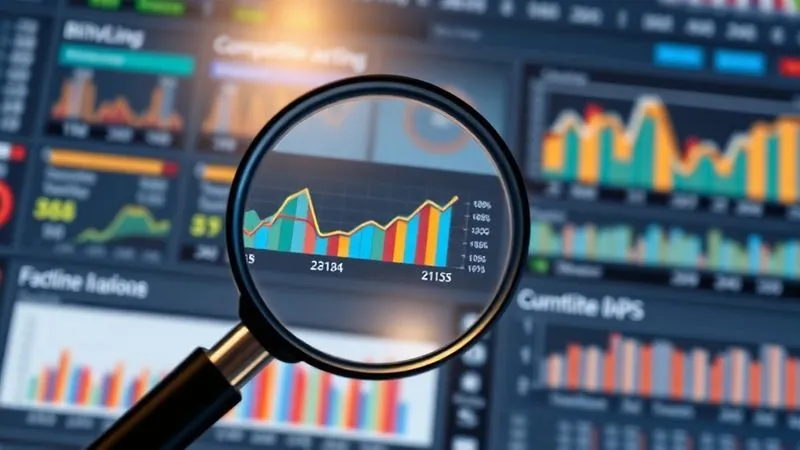 photorealistic, professional photography, 8K, cinematic lighting, sharp focus, depth of field, shot on a high-end DSLR, a digital magnifying glass hovering over a complex competitive analysis dashboard, showing side-by-side comparisons of SEO metrics for multiple websites, with charts and graphs indicating keyword positions, backlink profiles, and content gaps, conveying strategic insights from competitor data.