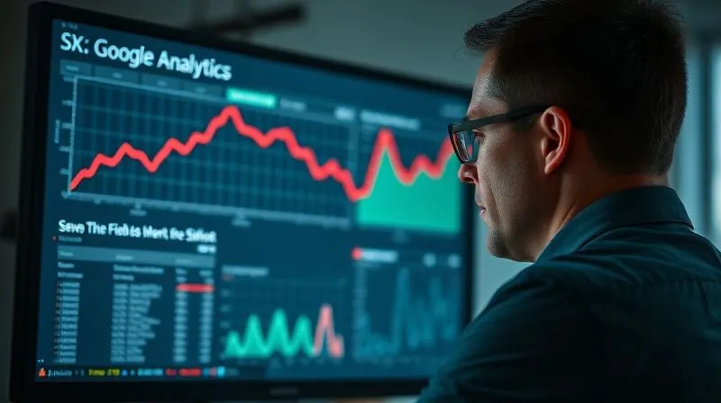 A photorealistic, professional photography shot of a data analyst intently examining a complex Google Analytics dashboard on a large monitor, with a red declining trend line prominently displayed. Cinematic lighting, sharp focus on the screen and analyst's face, depth of field, 8K hyper-detailed, shot on a high-end DSLR.