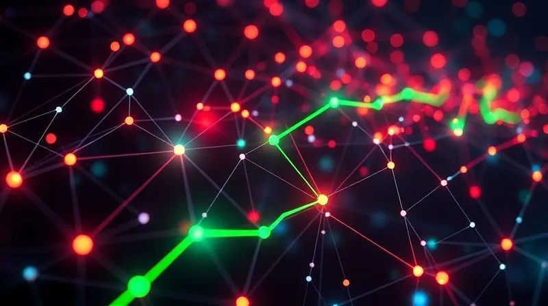 Photorealistic, professional photography, 8K, cinematic lighting, sharp focus, depth of field, shot on a high-end DSLR. An intricate, glowing digital network of interconnected nodes and lines, representing a complex supply chain or operational process. Some nodes are highlighted red, indicating bottlenecks or inefficiencies, while a green path shows an optimized flow. The overall image suggests data analysis and strategic problem-solving.