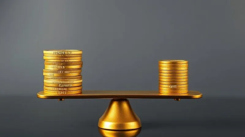 Photorealistic, professional photography, 8K, cinematic lighting, sharp focus, depth of field, shot on a high-end DSLR. A balanced scale with one side heavily weighted by a stack of gold coins labeled 'Customer Lifetime Value' and the other side by a smaller stack of coins labeled 'Customer Acquisition Cost'. The scale is perfectly balanced, suggesting optimal financial equilibrium in a modern, minimalist business setting.