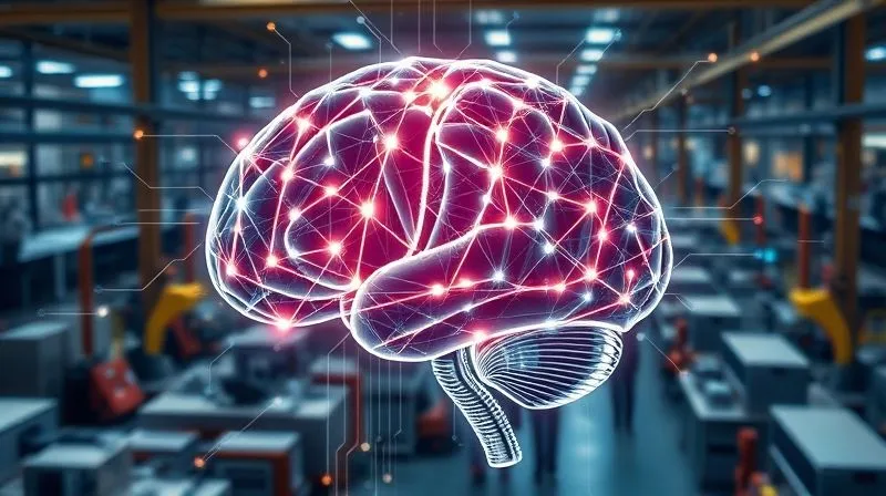 Photorealistic, professional photography, 8K, cinematic lighting, sharp focus, depth of field, shot on a high-end DSLR. A complex, glowing digital brain composed of interconnected circuits and data streams, superimposed over a bustling factory floor or a modern office environment. The image should convey the idea of intelligent automation and technological integration driving efficiency and profitability in business operations.