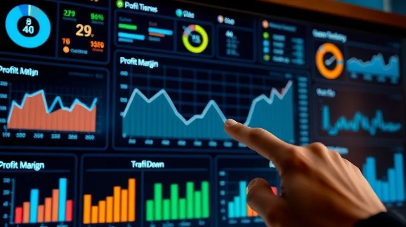 Photorealistic, professional photography, 8K, cinematic lighting, sharp focus, depth of field, shot on a high-end DSLR. A highly detailed, illuminated financial dashboard displaying various interactive charts, graphs, and KPIs. One central graph clearly shows 'Sales' trending up while 'Profit Margin' trends down. A hand points to the profit margin decline on the screen, emphasizing a critical moment of financial analysis and decision-making.