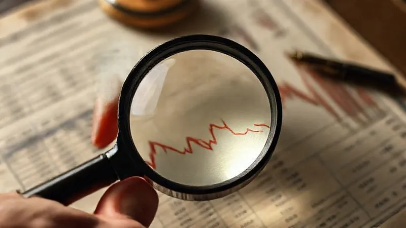 Photorealistic, professional photography, 8K, cinematic lighting, sharp focus, depth of field, shot on a high-end DSLR. A skilled hand holds a magnifying glass over a detailed, antique-style financial ledger, with a subtle red downward trend line visible on one of the charts. The focus is on the magnifying glass and the ledger, with a sense of meticulous investigation and problem-solving. Soft, analytical light illuminates the scene.