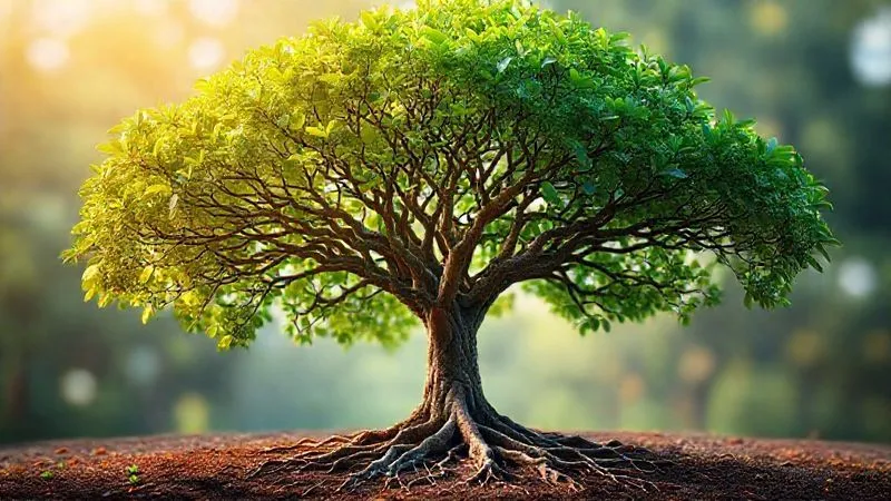 Photorealistic, professional photography, 8K, cinematic lighting, sharp focus, depth of field, shot on a high-end DSLR. A vibrant, healthy tree with strong, spreading roots and numerous branches reaching upwards, symbolizing growth and expansion. The lighting is warm and natural, highlighting the intricate network of roots and branches against a soft, blurred professional background. The image conveys organic, sustainable growth.