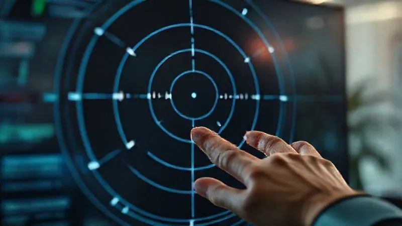 Photorealistic, professional photography, 8K, cinematic lighting, sharp focus, depth of field, shot on a high-end DSLR. A stylized radar screen displaying several faint 'blips' representing at-risk client accounts. A professional hand, gently reaching towards the screen, symbolizes proactive intervention and care. The background is a soft, blurred office environment, and the lighting is analytical but hopeful, suggesting detection and resolution.