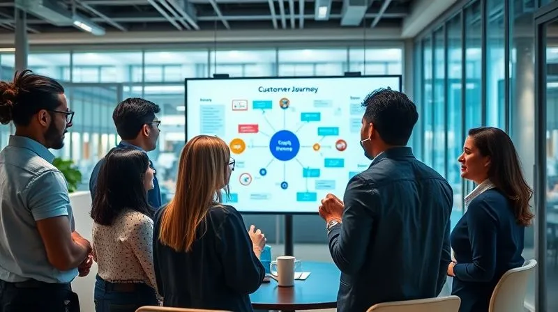 A photorealistic image of a diverse group of business professionals in a modern, brightly lit office, engaged in a collaborative discussion around a large interactive screen displaying a customer journey map. The atmosphere is open and communicative, emphasizing proactive engagement and strong client relationships. Professional photography, 8K, cinematic lighting, sharp focus. A photorealistic image of a diverse group of business professionals in a modern, brightly lit office, engaged in a collaborative discussion around a large interactive screen displaying a customer journey map. The atmosphere is open and communicative, emphasizing proactive engagement and strong client relationships. Professional photography, 8K, cinematic lighting, sharp focus.