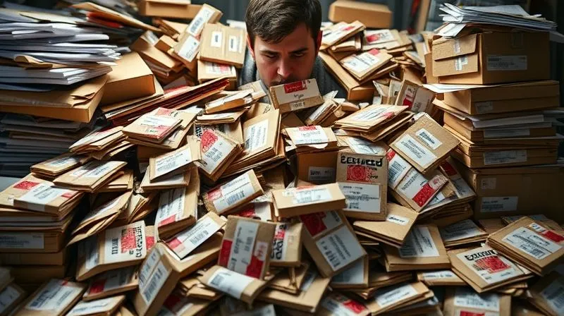 A highly detailed, photorealistic image of a messy, tangled pile of shipping labels and packages, some clearly marked with 'DELAYED' stamps, overflowing from a disorganized desk. The lighting is harsh and stressful, casting long shadows. Sharp focus on the chaotic mess, depth of field blurring a frustrated dropshipping business owner in the background. 8K, professional photography, cinematic lighting, shot on a high-end DSLR.