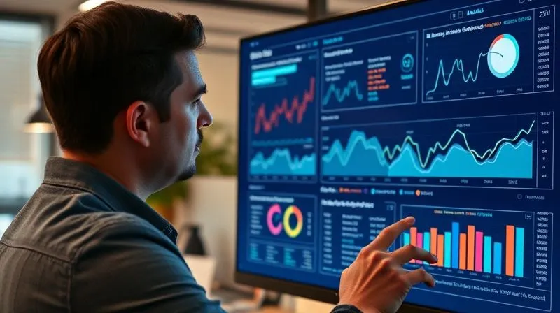A photorealistic, professional photography, 8K, cinematic lighting, sharp focus, depth of field, shot on a high-end DSLR. A dropshipping business owner is intently analyzing a complex data visualization on a large monitor, showing trends of shipping times, delay rates, and customer satisfaction. Their hand is hovering over a digital dashboard, pointing to a key insight. The background is a modern, minimalist office with subtle hints of e-commerce packaging, conveying a sense of data-driven decision-making and control.