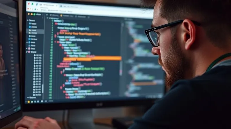 A photorealistic image of a web developer intently looking at a computer screen displaying a browser's developer console, with the 'Network' and 'Console' tabs open, highlighting a JavaScript dataLayer.push event containing structured e-commerce data. Cinematic lighting, sharp focus on the screen, depth of field blurring the background, 8K hyper-detailed. A photorealistic image of a web developer intently looking at a computer screen displaying a browser's developer console, with the 'Network' and 'Console' tabs open, highlighting a JavaScript dataLayer.push event containing structured e-commerce data. Cinematic lighting, sharp focus on the screen, depth of field blurring the background, 8K hyper-detailed.