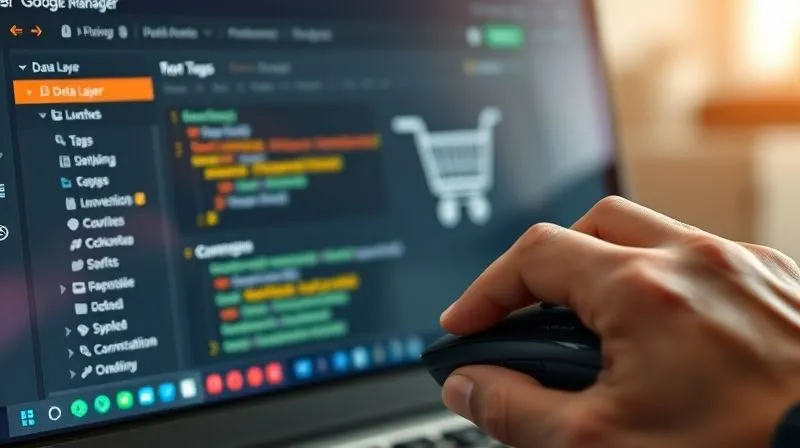 A photorealistic, professional photography, 8K, cinematic lighting, sharp focus, depth of field, shot on a high-end DSLR, of a person's hands holding a mouse, intensely focused on a computer screen displaying Google Tag Manager's Preview mode interface, with the 'Data Layer' and 'Tags' tabs highlighted, and a virtual shopping cart icon in the background, symbolizing debugging an e-commerce transaction. A photorealistic, professional photography, 8K, cinematic lighting, sharp focus, depth of field, shot on a high-end DSLR, of a person's hands holding a mouse, intensely focused on a computer screen displaying Google Tag Manager's Preview mode interface, with the 'Data Layer' and 'Tags' tabs highlighted, and a virtual shopping cart icon in the background, symbolizing debugging an e-commerce transaction.