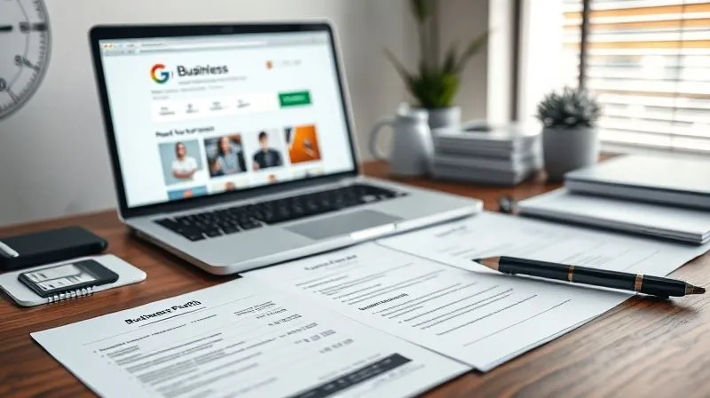 A photorealistic close-up of a desk with various official business documents, including a business license, utility bill, and photos of a storefront, meticulously organized. A laptop in the background displays Google Business Profile guidelines, cinematic lighting, sharp focus, depth of field, 8K hyper-detailed, professional photography, shot on a high-end DSLR.