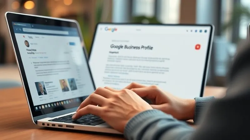 A photorealistic image of a person's hands diligently typing on a laptop keyboard, with a focused expression. On the screen, a Google Business Profile support forum page is visible, showing a thread about a suspension issue. The background is a blurred, modern office setting with soft, professional lighting, sharp focus on hands and screen, depth of field, 8K hyper-detailed, professional photography, shot on a high-end DSLR.