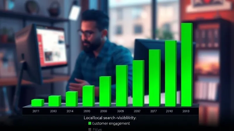 A photorealistic 3D bar chart showing a sharp increase in local search visibility and customer engagement metrics over time, with a confident business owner in the background looking at a computer screen. The chart uses vibrant green and blue hues, cinematic lighting, sharp focus on the data, depth of field blurring the background, 8K hyper-detailed, professional photography, shot on a high-end DSLR.