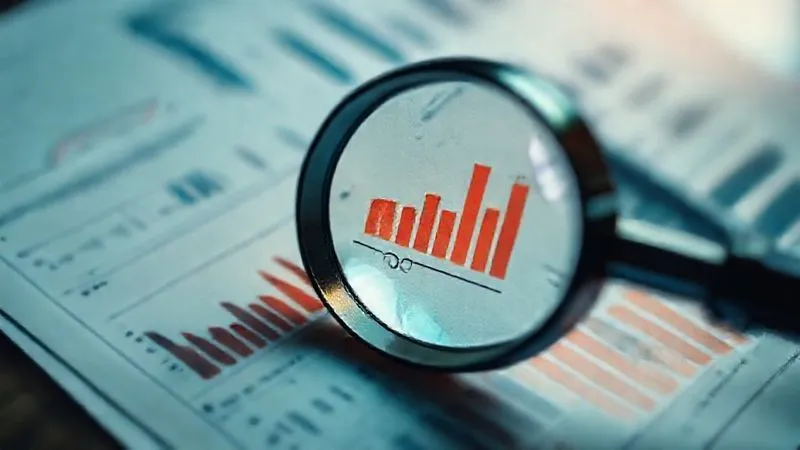 Photorealistic, professional photography, 8K, cinematic lighting, sharp focus, depth of field, shot on a high-end DSLR. A detective's magnifying glass hovering over complex financial documents and charts, highlighting a specific metric on a balance sheet, with a determined, focused atmosphere.