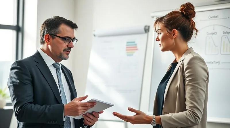 photorealistic, professional photography, 8K, cinematic lighting, sharp focus, depth of field, shot on a high-end DSLR. Two business professionals, one male and one female, engaged in an intense, empathetic conversation in a modern, sunlit office. One person is actively listening with a thoughtful expression, taking notes, while the other is speaking passionately, gesturing. A whiteboard in the background shows a partially drawn sales funnel diagram. The scene conveys deep understanding and problem-solving focus.