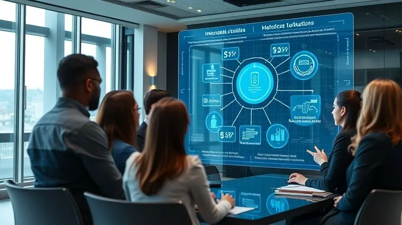 photorealistic, professional photography, 8K, cinematic lighting, sharp focus, depth of field, shot on a high-end DSLR. A diverse group of business professionals in a modern conference room, intensely focused on a large holographic display showing a dynamic, data-rich presentation. The display projects interconnected solutions and benefits, specifically highlighting how they address a complex problem, with a sense of clarity and impact. The atmosphere is collaborative and forward-thinking.