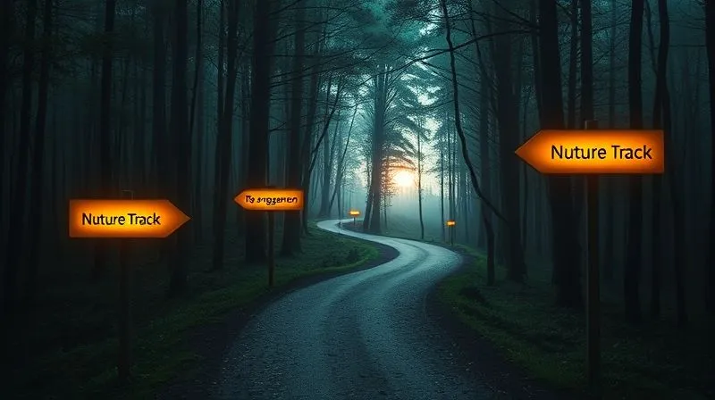 photorealistic, professional photography, 8K, cinematic lighting, sharp focus, depth of field, shot on a high-end DSLR. A winding, illuminated path through a dense, slightly misty forest, with glowing signposts indicating "Nurture Track," "Re-engagement," and "Future Opportunity." The path leads towards a brighter, open clearing in the distance, symbolizing successful conversion. The scene evokes patience, guidance, and long-term strategy.