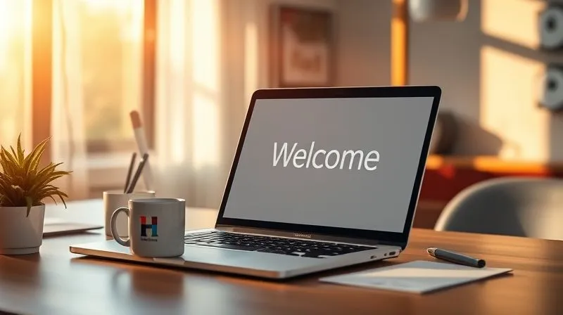 Photorealistic, professional photography, 8K, cinematic lighting, sharp focus, depth of field, shot on a high-end DSLR. A new employee's desk with a laptop displaying a welcome message, a branded mug, and a small plant, bathed in warm, inviting morning light, symbolizing a well-prepared and welcoming work environment.