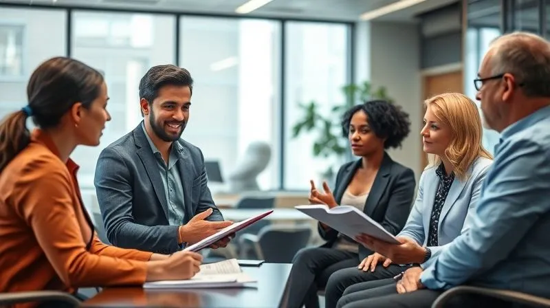Photorealistic, professional photography, 8K, cinematic lighting, sharp focus, depth of field, shot on a high-end DSLR. A diverse group of professionals in a modern office space engaged in an earnest feedback session, one person speaking while others actively listen and take notes, symbolizing open communication and a responsive feedback culture.