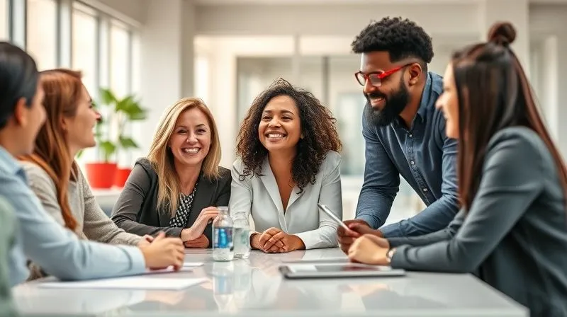 Photorealistic, professional photography, 8K, cinematic lighting, sharp focus, depth of field, shot on a high-end DSLR. A diverse team of colleagues laughing and collaborating around a table in a bright, modern office, with a new team member visibly engaged and comfortable, symbolizing strong team connection and belonging.