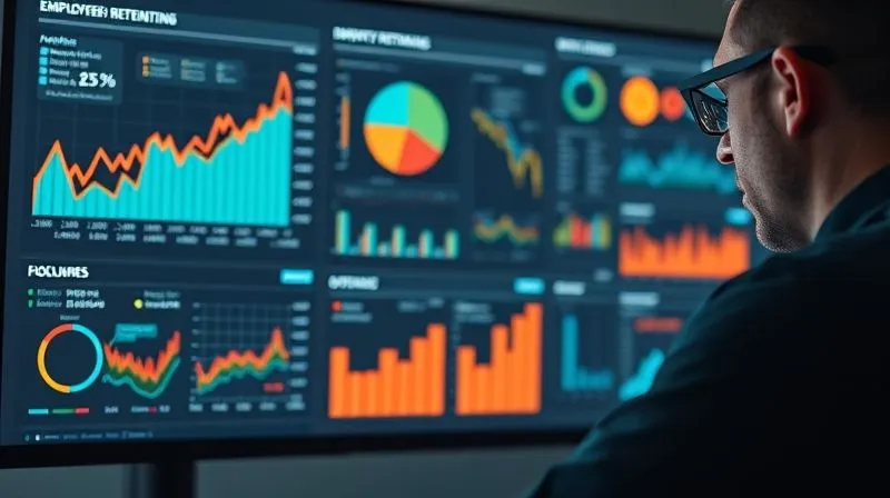 Photorealistic, professional photography, 8K, cinematic lighting, sharp focus, depth of field, shot on a high-end DSLR. A person intently analyzing a complex data dashboard on a large monitor, with various charts and graphs showing employee retention rates and churn analytics, cinematic lighting highlighting the data, symbolizing data-driven decision making in HR.