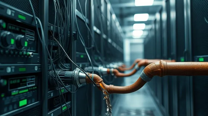 Photorealistic, professional photography, 8K, cinematic lighting, sharp focus, depth of field, shot on a high-end DSLR. A visually striking metaphor for 'garbage in, garbage out': a sophisticated, gleaming data server rack with wires haphazardly spilling out, some connected to old, rusty pipes leaking murky water into the server. The contrast highlights the impact of poor input on advanced technology. Photorealistic, professional photography, 8K, cinematic lighting, sharp focus, depth of field, shot on a high-end DSLR. A visually striking metaphor for 'garbage in, garbage out': a sophisticated, gleaming data server rack with wires haphazardly spilling out, some connected to old, rusty pipes leaking murky water into the server. The contrast highlights the impact of poor input on advanced technology.