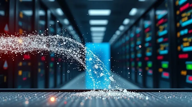 Photorealistic, professional photography, 8K, cinematic lighting, sharp focus, depth of field, shot on a high-end DSLR. A digital representation of data cleansing: glowing, organized streams of data flowing into a filter, with chaotic, broken data fragments being siphoned off and discarded. The background shows a clean, futuristic data center environment. Photorealistic, professional photography, 8K, cinematic lighting, sharp focus, depth of field, shot on a high-end DSLR. A digital representation of data cleansing: glowing, organized streams of data flowing into a filter, with chaotic, broken data fragments being siphoned off and discarded. The background shows a clean, futuristic data center environment.