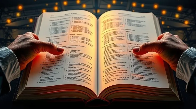 A photorealistic image of a large, open book with glowing text and intricate diagrams, representing a data dictionary and business glossary. Hands point to key definitions, cinematic lighting, 8K, sharp focus on the book, depth of field, shot on a high-end DSLR.