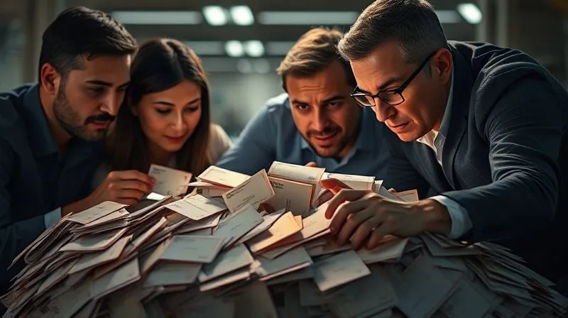 A photorealistic image of a sales team looking frustrated while sorting through a pile of generic, indistinguishable lead cards, with a few glowing, high-value cards hidden amongst them. Cinematic lighting, sharp focus on the team's expressions, depth of field blurring the background, 8K hyper-detailed.