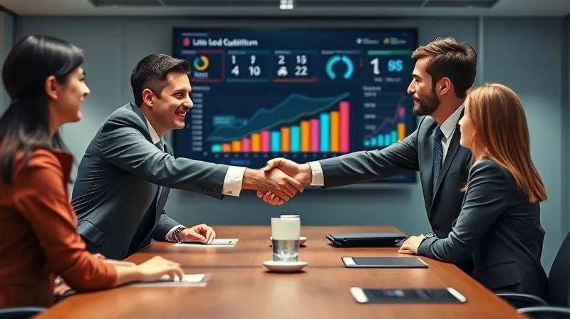 A photorealistic image showing two diverse professional teams, one representing marketing and one sales, shaking hands across a conference table, with a shared dashboard displaying unified lead qualification metrics in the background. Cinematic lighting, sharp focus on the handshake, depth of field blurring the background, 8K hyper-detailed.