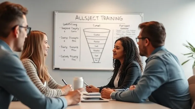 A photorealistic image of a diverse sales team engaged in an interactive training session, with a whiteboard behind them showing a clear sales funnel and qualification steps. The atmosphere is collaborative and focused, with a mentor figure guiding the discussion. Cinematic lighting, sharp focus on the team, depth of field blurring the background, 8K hyper-detailed.