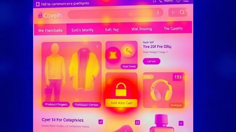 A photorealistic image of a vibrant heatmap overlaid on a generic e-commerce product page, showing intense red areas around product images and 'Add to Cart' buttons, with cooler blue areas on less interactive elements. Professional photography, 8K, cinematic lighting, sharp focus, depth of field, shot on a high-end DSLR.