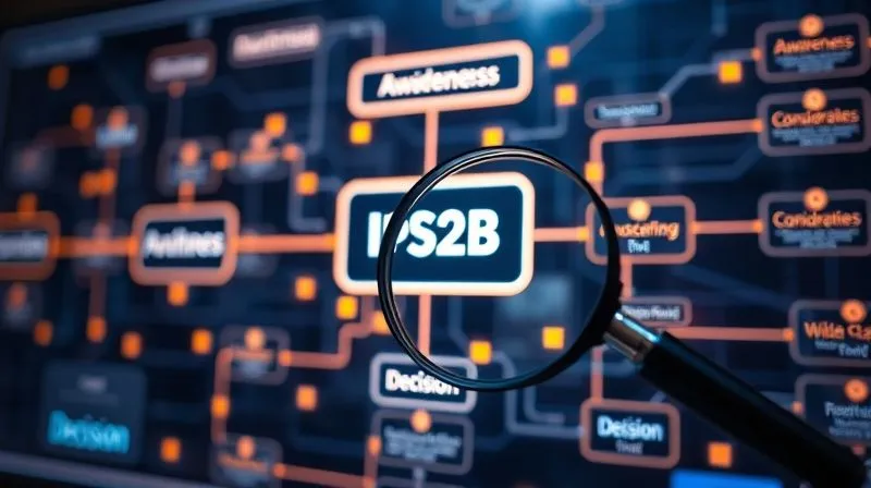 A photorealistic, professional photography, 8K, cinematic lighting, sharp focus, depth of field, shot on a high-end DSLR, of a complex, glowing digital flowchart representing a B2B buyer's journey, with specific nodes highlighting 'Awareness', 'Consideration', and 'Decision', and a magnifying glass focused on the 'Consideration' stage, indicating analysis. A photorealistic, professional photography, 8K, cinematic lighting, sharp focus, depth of field, shot on a high-end DSLR, of a complex, glowing digital flowchart representing a B2B buyer's journey, with specific nodes highlighting 'Awareness', 'Consideration', and 'Decision', and a magnifying glass focused on the 'Consideration' stage, indicating analysis.