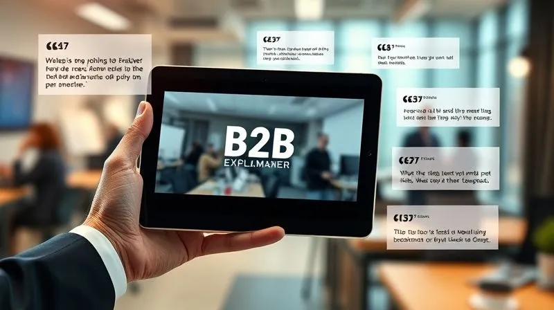 A photorealistic, professional photography, 8K, cinematic lighting, sharp focus, depth of field, shot on a high-end DSLR, of a composite image showing a B2B explainer video playing on a tablet, with subtle overlays of client testimonials and company logos fading in and out, symbolizing trust and social proof. The tablet is held in a professional's hand against a blurred backdrop of a bustling office. A photorealistic, professional photography, 8K, cinematic lighting, sharp focus, depth of field, shot on a high-end DSLR, of a composite image showing a B2B explainer video playing on a tablet, with subtle overlays of client testimonials and company logos fading in and out, symbolizing trust and social proof. The tablet is held in a professional's hand against a blurred backdrop of a bustling office.