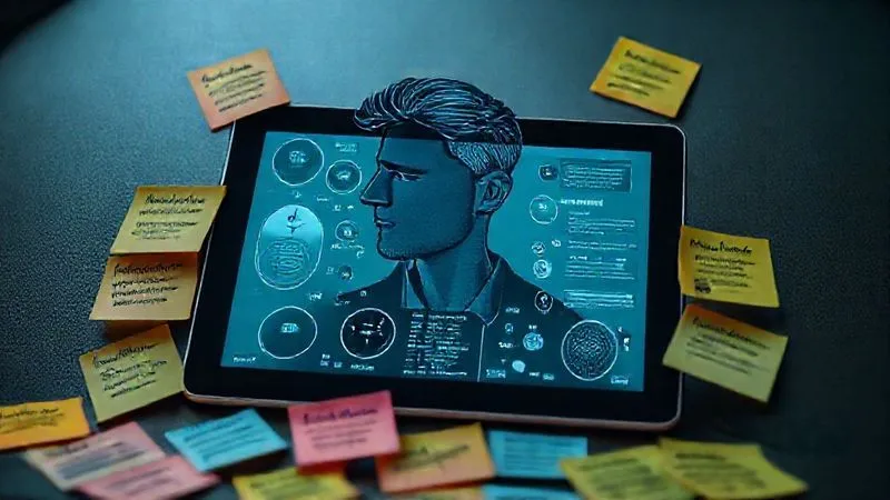 A photorealistic image of a detailed, data-rich persona profile displayed on a tablet, surrounded by sticky notes with key psychographic and firmographic insights, professional photography, 8K, cinematic lighting, sharp focus, depth of field, shot on a high-end DSLR.