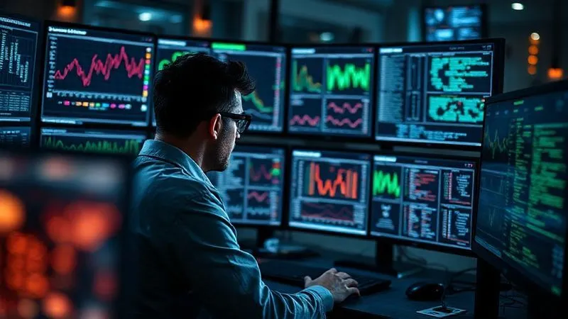 A photorealistic, professional photography shot of a data scientist analyzing complex lead scoring models on multiple monitors, with graphs and algorithms visually represented, cinematic lighting, sharp focus on the data, depth of field blurring the background, 8K hyper-detailed, shot on a high-end DSLR.