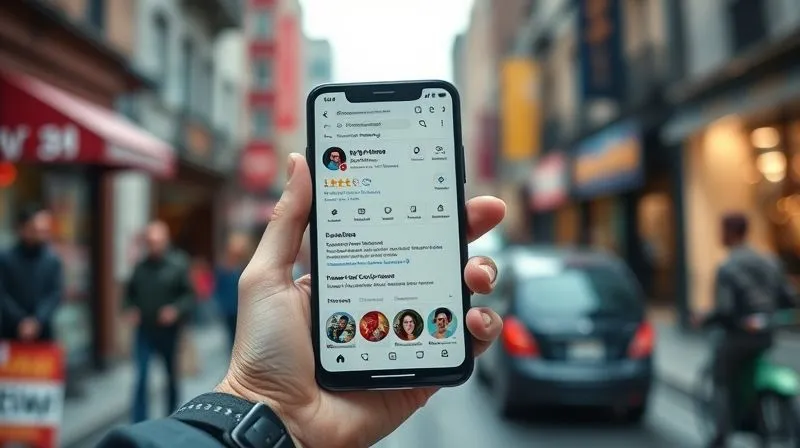 A photorealistic image of a person's hand holding a smartphone, displaying a highly optimized Google My Business profile for a local franchise. The profile shows high ratings, numerous reviews, clear contact information, and appealing photos of the business. The background is a slightly blurred, bustling local street scene, suggesting connectivity and digital presence. Professional photography, 8K, cinematic lighting, sharp focus on the smartphone screen, depth of field, shot on a high-end DSLR.