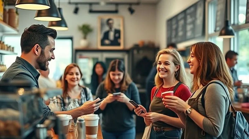 A photorealistic image of a vibrant, welcoming local coffee shop interior. Happy customers are engaging, some are using loyalty cards or discussing a referral program. The barista is smiling, and the atmosphere is warm and inviting. Professional photography, 8K, cinematic lighting, sharp focus on the interactions, depth of field blurring the background, shot on a high-end DSLR, conveying community and successful customer engagement.