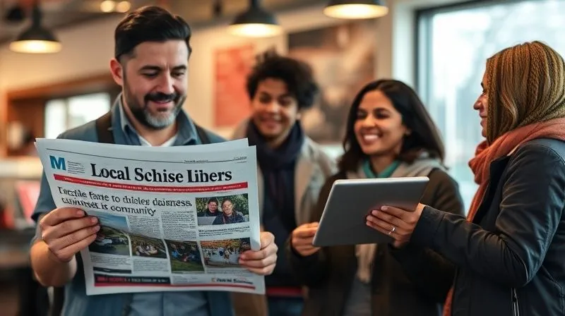 A photorealistic image of a local franchise owner engaging with diverse customers within their community. They are holding a local newspaper featuring an article about their business, and a digital tablet showing a localized social media campaign. The background depicts recognizable local landmarks, emphasizing community connection. Professional photography, 8K, cinematic lighting, sharp focus on the interaction and local elements, depth of field, shot on a high-end DSLR.