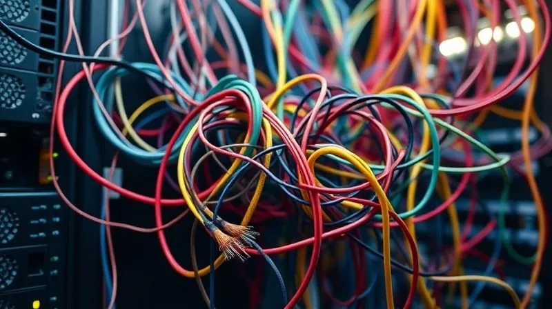 Photorealistic, professional photography, 8K, cinematic lighting, sharp focus, depth of field, shot on a high-end DSLR. A tangled mess of colorful data cables and wires emerging from a complex server rack, symbolizing data complexity and confusion. The wires are knotted and intertwined, with some frayed ends, suggesting data integrity issues. A faint digital glow emanates from the server, highlighting the chaos.