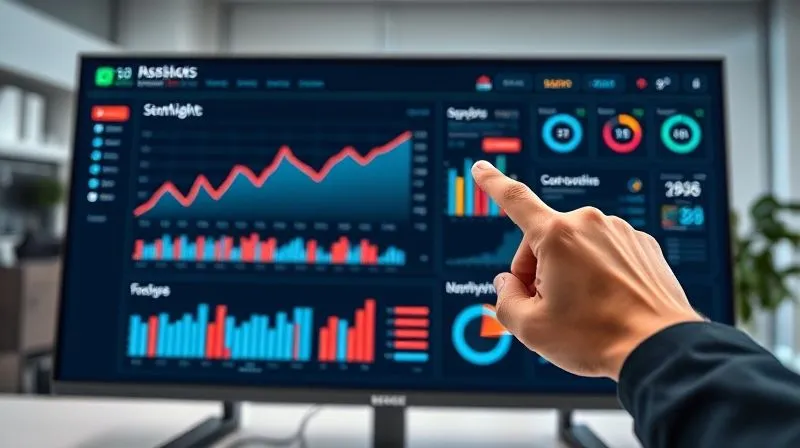 Photorealistic, professional photography, 8K, cinematic lighting, sharp focus, depth of field, shot on a high-end DSLR. A clean, modern business dashboard displayed on a large monitor, showing clear, contextualized data visualizations. The dashboard features trend lines with benchmarks, segmented bar charts, and a concise narrative summary. The colors are professional and muted, enhancing readability. A hand points to a specific insight on the screen, indicating clarity.