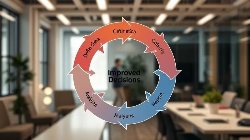 Photorealistic, professional photography, 8K, cinematic lighting, sharp focus, depth of field, shot on a high-end DSLR. A circular diagram with arrows showing a continuous feedback loop. Segments include 'Define Metrics', 'Collect Data', 'Analyze & Report', 'Review & Refine', with a central arrow pointing to 'Improved Decisions'. The overall image conveys dynamism and ongoing process, set against a backdrop of a modern, collaborative workspace.