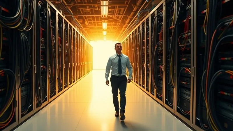 Photorealistic, professional photography, 8K, cinematic lighting, sharp focus, depth of field, shot on a high-end DSLR. A clear, illuminated path leading through a complex, but now organized and well-lit data center. The path is bright, symbolizing clarity and insight, while the previously tangled wires are now neatly organized and color-coded. A silhouette of a business leader confidently walking down the path, looking towards a bright horizon, representing future success from informed decisions.